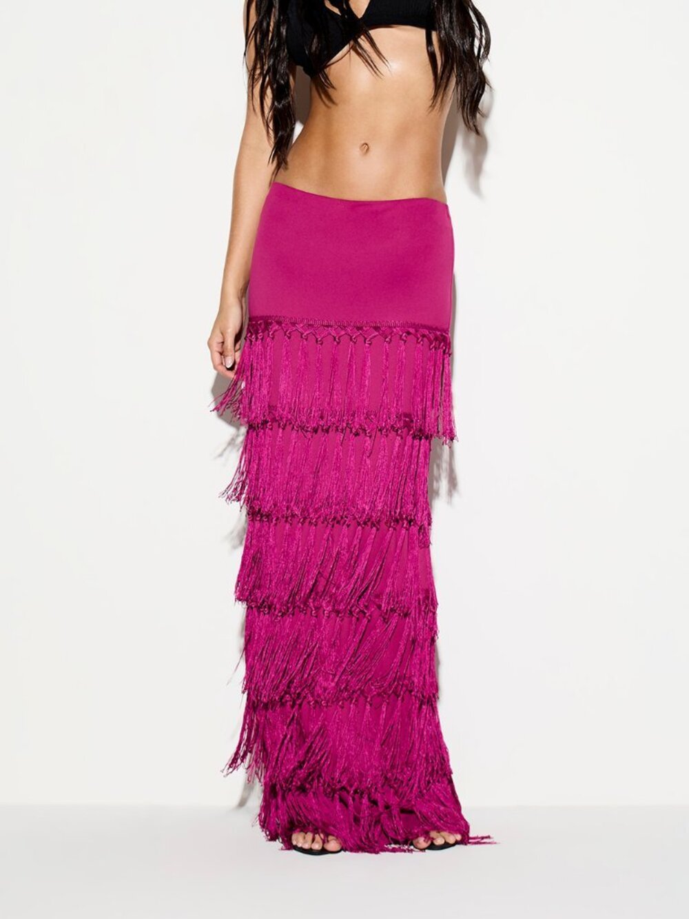 Hot Pink Casual Women's Vibrant Fringe Cover-Up Maxi Skirt with Layered Tassels - Picture 4 of 5